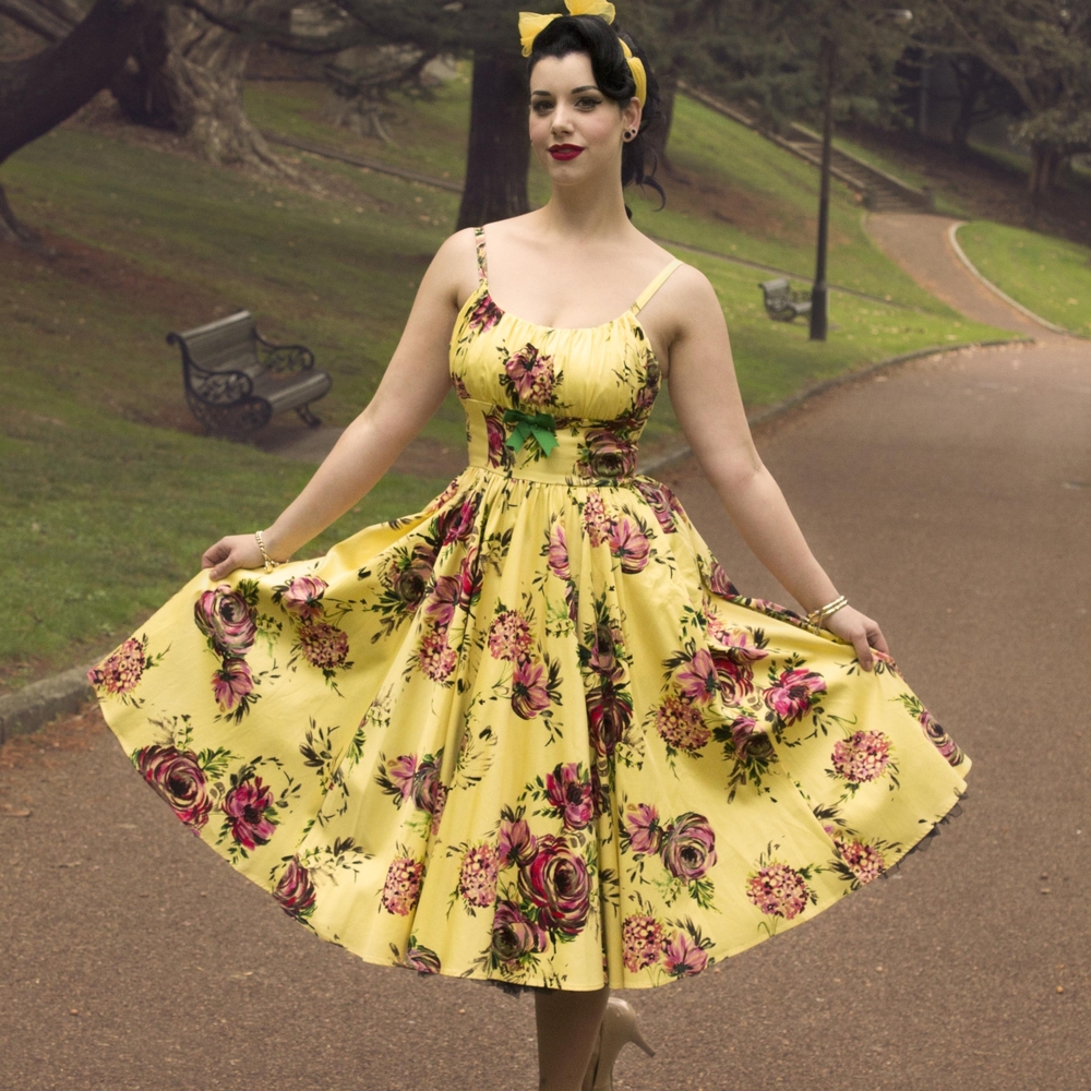 PUG Pinup Couture Yellow Floral Ella Dress Large